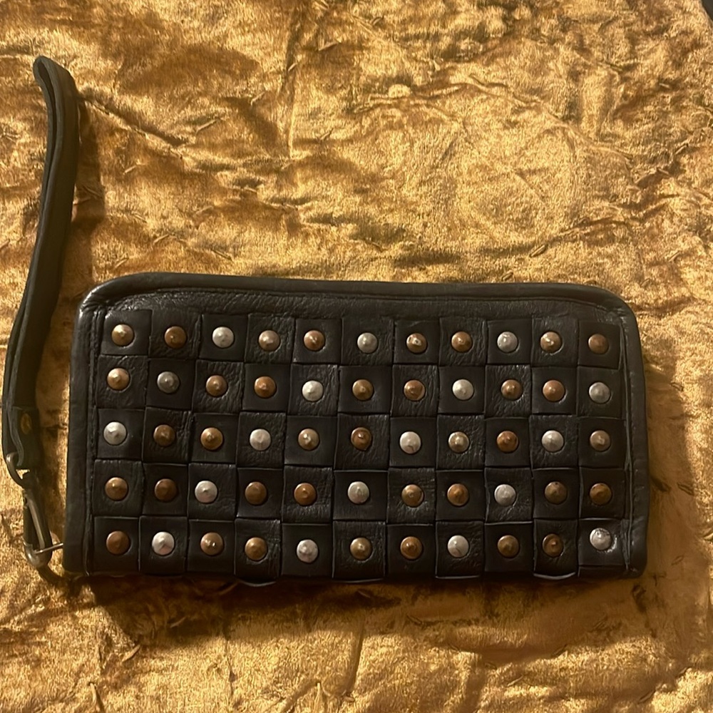 Leather studded zip around wallet clutch